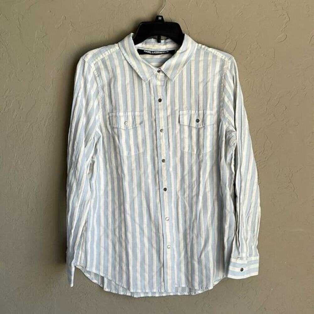Karl Lagerfeld‎ blue and cream button down stripe blouse